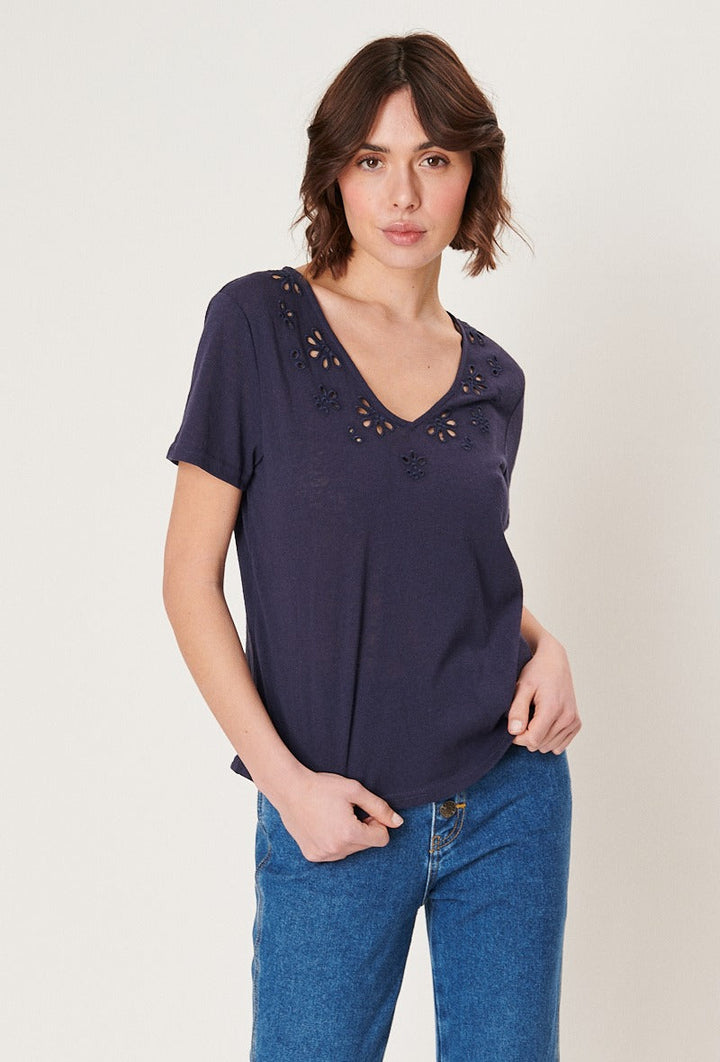 V-Neck Shirt mit Blumenmuster in marineblau kaufen I Damen Blusen