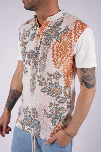 Henley Shirt aus Baumwolle & Leinen mit Paisleymuster