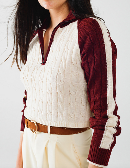 Half-Zip-Pullover - weiss/burgundy
